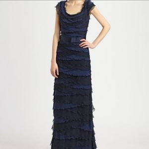 Tadashi Shoji Belted Navy Tiered Ruffle Gown MOB
